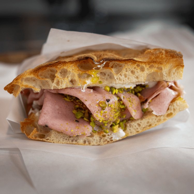 The Bambino — mortadella, stracciatella, pistachio on golden schiacciata