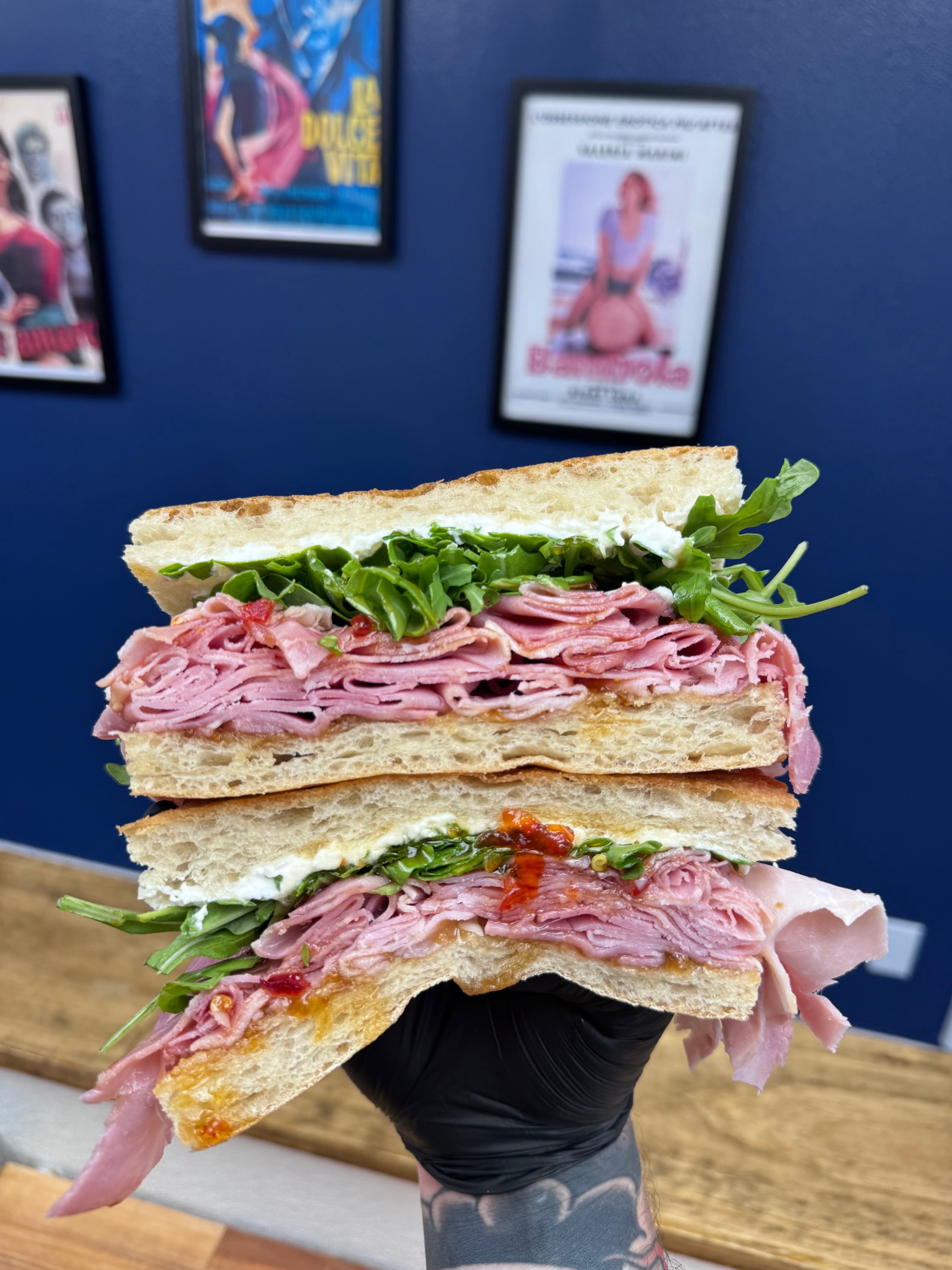 The Bottega — prosciutto cotto, Calabrian chili honey, fig jam, arugula, and stracciatella